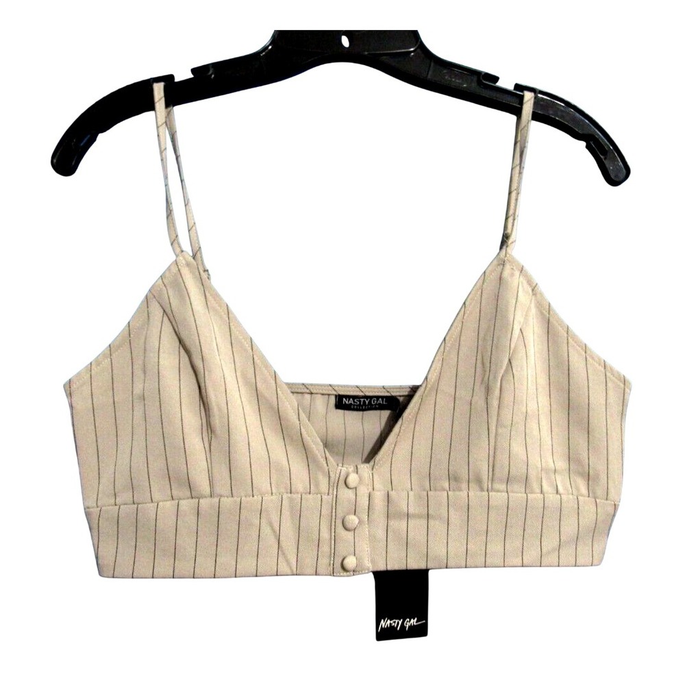 NWT NASTY GAL BRALETTE Button Detail PINSTRIPED Beige/Black Stripe CROP TOP Sz 8